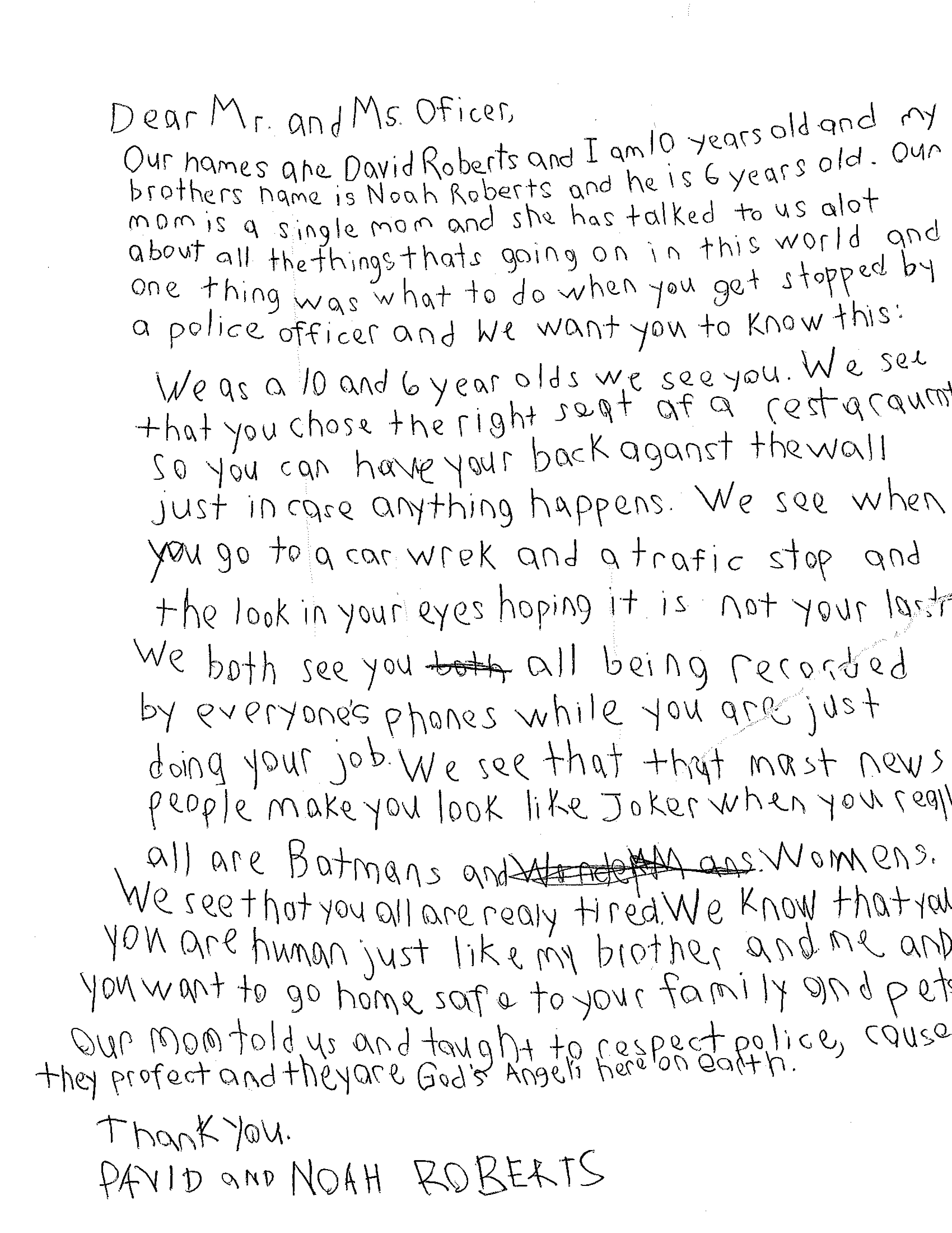 Child's Letter to Officers - Grand Prairie PA